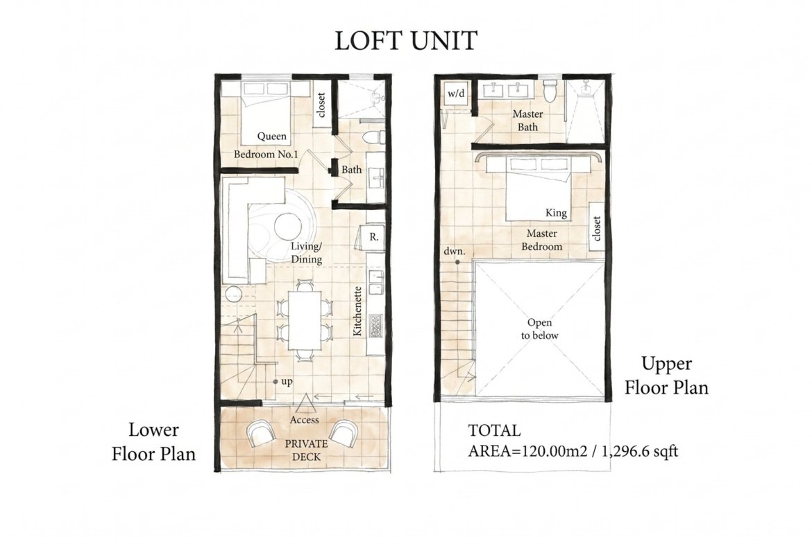 Layout plan of a Playa Remanso condo for sale with living, kitchen, dining and two bedrooms