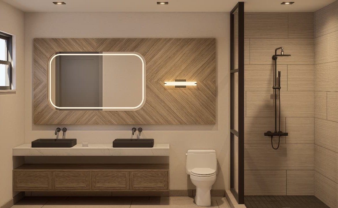 Bathroom vanity with custom hardwood cabinet in a San Juan del Sur beachfront loft