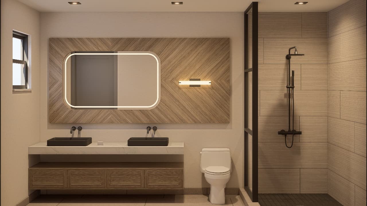 Bathroom vanity with custom hardwood cabinet in a San Juan del Sur beachfront loft