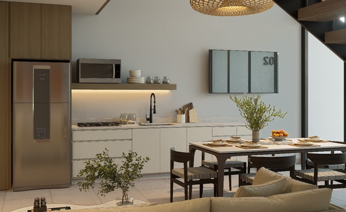 Open kitchen connected to the dining area in a furnished beachfront residence at Playa Remanso