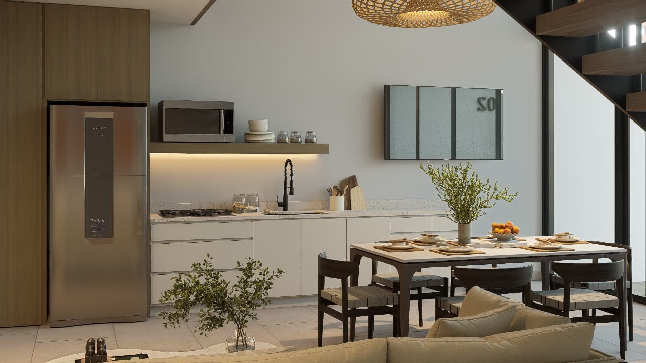Open kitchen connected to the dining area in a furnished beachfront residence at Playa Remanso