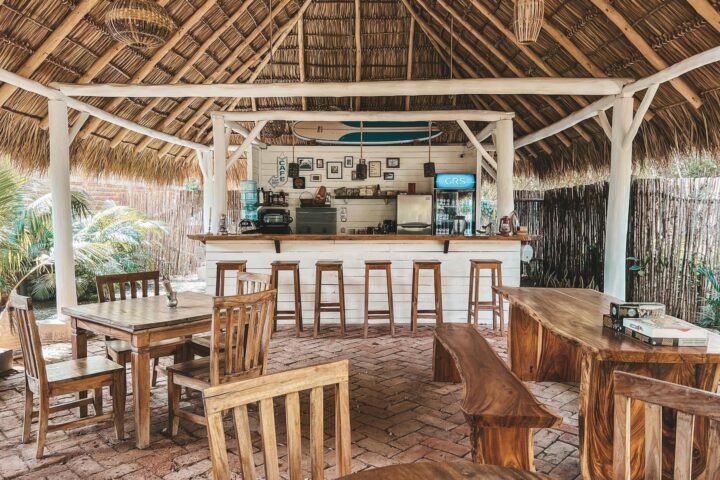 Bar and café at Monoloko Lodge, an operating surf lodge for sale in Popoyo, Nicaragua